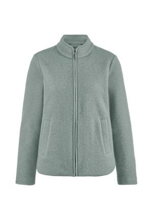 Lichtgrijs wollen jack met rits, opstaande kraag en twee zakken aan de voorkant, afgebeeld op een witte achtergrond.