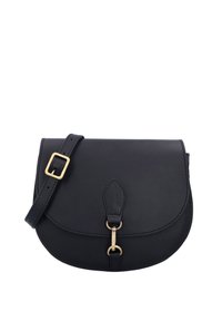 Borsa a tracolla in pelle nera con patta arrotondata, accessori dorati e tracolla regolabile. Texture liscia con design minimalista.