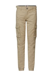Pantalon cargo beige avec plusieurs poches latérales, poignets élastiques aux chevilles et fermeture par bouton. Fabriqué en tissu de coton texturé.