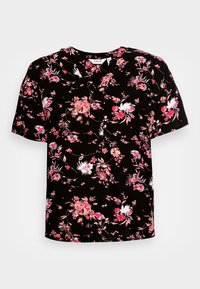 Black short-sleeve blouse featuring a floral pattern in shades of pink and white, with a round neckline and loose fit design.