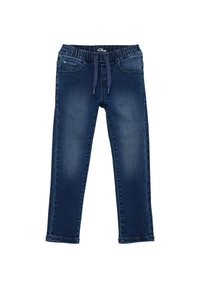 Jean en denim bleu marine avec une ceinture élastique, une fermeture à cordon et des poches avant ; présente un effet délavé et une coupe droite.