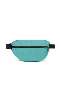 Borsa a cintura in tessuto teal dalla forma arrotondata, con una cerniera nera e una cintura regolabile per una vestibilità sicura. Texture liscia e design semplice.