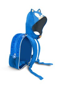 Sac à dos bleu en forme de tête de personnage, avec une capuche douce, des oreilles et des détails faciaux. Comprend des bretelles ajustables et des accents à motifs.