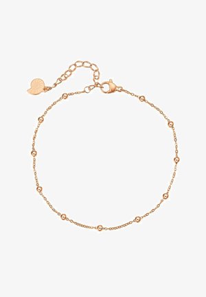 Pulsera de oro rosado que presenta una delicada cadena con cuentas redondas, un cierre de langosta y un pequeño charm con forma de concha.