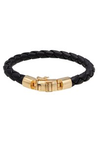 Bracciale in pelle intrecciata nera con chiusura magnetica in tono oro e logo inciso. Texture liscia, design sobrio e chiusura sicura.