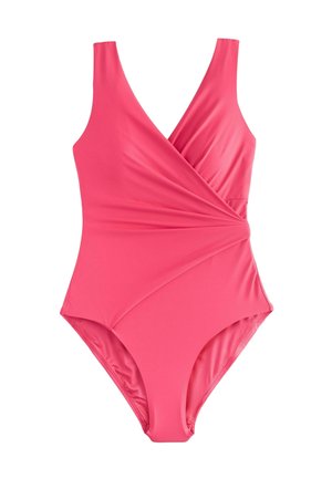 Jednodielne plavky v jasnej ružovej farbe, s výstrihom do V, zavinovacím predným detailom a hladkou textúrou s klasickými výrezmi na nohách.