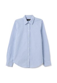 Camicia a maniche lunghe button-up a righe verticali blu chiaro e bianca, con colletto a punta e polsini con bottone, stesa su uno sfondo bianco.