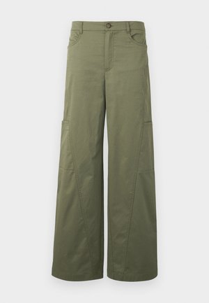 Olive green wide-leg trousers made of cotton, featuring a zip fly, button closure, and multiple pockets with reinforced seams.
