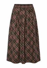 Una gonna a pieghe lunga fino al ginocchio, a quadri, nei colori rosa scuro, nero e crema, con una vita elastica per il massimo comfort.