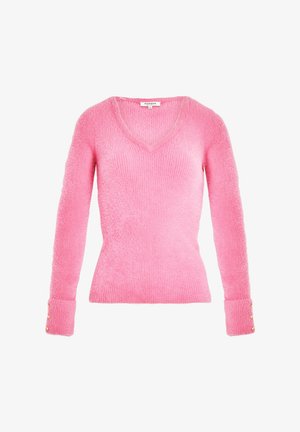 Różowy sweter z dekoltem w serek, o prążkowanej fakturze, z długimi rękawami i guzikami przy mankietach. Miękki materiał, dopasowany krój.