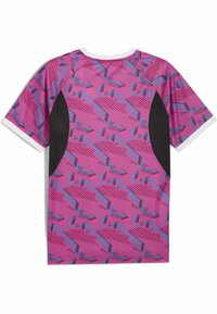 Tricou sport cu mânecă scurtă, având un model geometric în nuanțe de roz, mov și negru, cu panouri laterale din plasă pentru o respirabilitate crescută.
