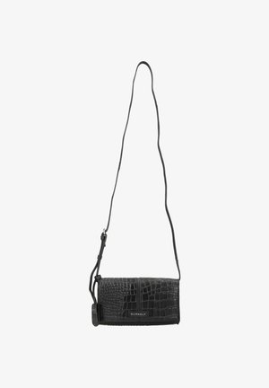 Bolso bandolera negro con textura, con correa larga ajustable y logo de Burkely en la parte frontal, colgado contra un fondo blanco.