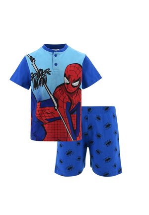 Blue short-sleeve top and shorts set featuring Spider-Man graphic on the shirt and black spider prints on the shorts.