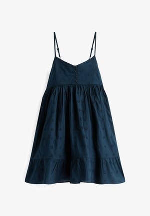 Navyblauwe katoenen jurk met dunne schouderbandjes, voorzien van een knoopsluiting aan de voorkant, geborduurde bloemmotieven en een uitlopende rok met een gerimpelde zoom.