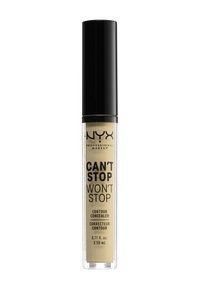 NYX Can't Stop Won't Stop Contour Concealer in einem durchsichtigen Röhrchen mit schwarzem Deckel; enthält eine hellbeige Flüssigkeit; zeigt auffälligen schwarzen Text.