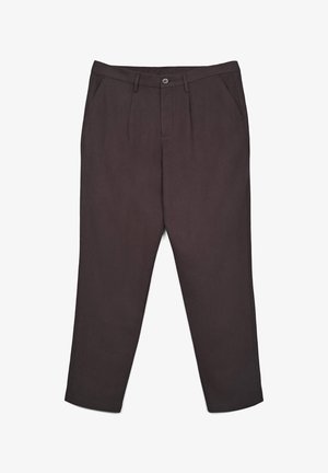 Dunkelgraue Hosen aus weichem Stoff, mit einem Knopfverschluss, zwei Seitentaschen und einem geraden Schnitt.