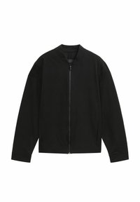 Schwarze Bomberjacke mit rundem Kragen, durchgehendem Frontreißverschluss und langen Ärmeln; gefertigt aus glattem Stoff mit minimalistischem Design.