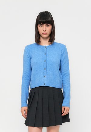Lichtblauwe gebreide cardigan met een ronde hals, knoopsluiting, geribde manchetten en zoom. Gecombineerd met een zwarte geplisseerde rok.