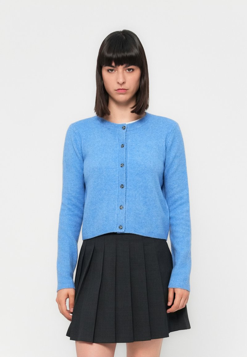 Lichtblauwe gebreide cardigan met een ronde hals, knoopsluiting, geribde manchetten en zoom. Gecombineerd met een zwarte geplisseerde rok.