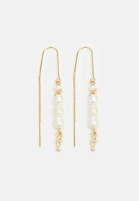 Gold-tone drop earrings featuring three white pearls, with delicate chain accents and small fish-shaped charms at the bottom.