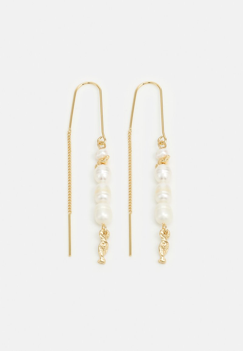 Gold-tone drop earrings featuring three white pearls, with delicate chain accents and small fish-shaped charms at the bottom.