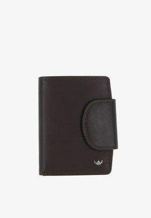 Portefeuille en cuir marron foncé avec bords cousus et fermeture à bouton-pression, avec un petit logo argenté dans le coin inférieur droit.
