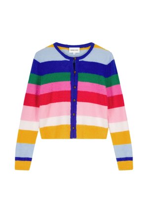 Fuzzy cropped cardigan with horizontal stripes in blue, green, pink, red, white, yellow, and button closure down the center front.