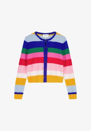Zachte, cropped cardigan met horizontale strepen in blauw, groen, roze, rood, wit, geel en knoopsluiting aan de voorkant.