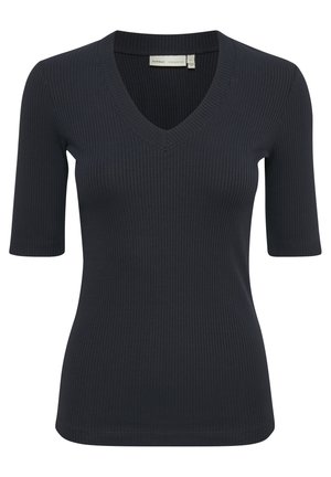 Top scurt cu maneci scurte, de culoare bleumarin, cu decolteu în V. Textură moale, siluetă ajustată și tiv curat. Stil minimalist fără embellishments.