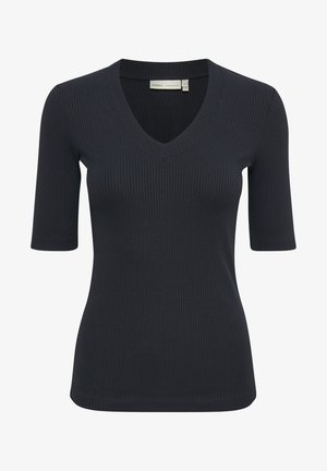 Navy ribbed short-sleeve top with a V-neck design. Soft texture, fitted silhouette, and clean hem. Minimalist style without embellishments.