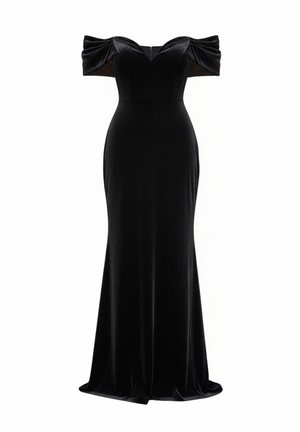 Zwarte fluwelen off-shoulder jurk met een aansluitende silhouet, vloeiende rok en opvallende pofmouwen. Elegante stoftextuur.