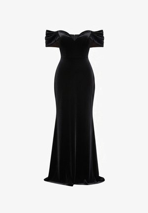 Czarna aksamitna suknia z opuszczanymi ramionami, o przylegającym kroju, z rozkloszowanym dołem i charakterystycznymi bufkami na rękawach. Elegancka faktura materiału.