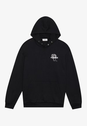 Black hoodie featuring a drawstring hood, front pocket, and white printed graphic of a face and text "FLORENCE" on the chest.