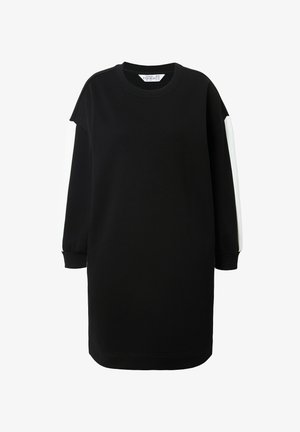 Sort sweatshirtkjole med lange ærmer, der har hvide detaljer på skuldrene. Lavet af blødt stof med rund halsudskæring og ribbede ærmekanter.
