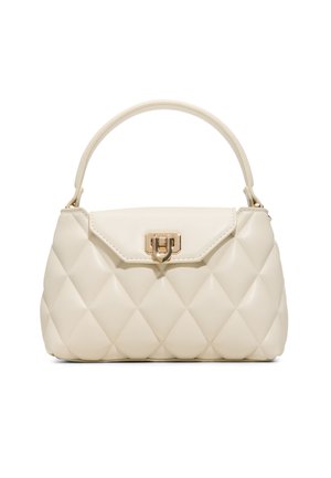 Cream quilted faux leather handbag with a structured shape, a gold clasp closure, and a single top handle.