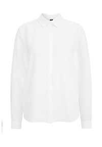Weißes langärmeliges Hemd mit Kragen, vorderer Knopfverschluss, strukturiertem Stoff und gerader Saum.