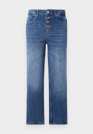 Blue denim jeans with a high waist, five-button front closure, straight legs, and subtle fading. Classic five-pocket design.