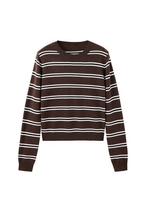 Pull marron à manches longues avec des rayures blanches horizontales et un col rond sur fond blanc uni.
