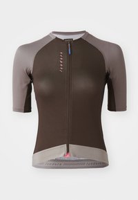 Short-sleeve cycling jersey in brown, with gray accents. Features textured fabric, front zipper, and pink logo detail at the center.