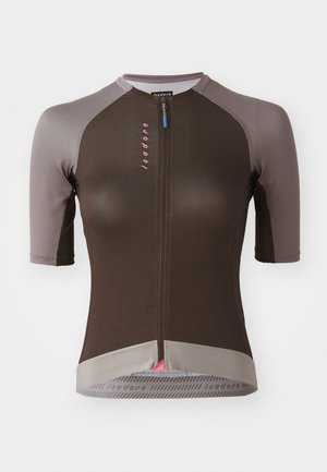 Short-sleeve cycling jersey in brown, with gray accents. Features textured fabric, front zipper, and pink logo detail at the center.
