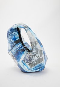 Blue graphic bag made of textured fabric. Features a rounded design, zipper closure, and various patterns including floral and text elements.