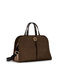 Brown textured handbag with black leather double handles studded with gold, featuring a gold circular clasp and detachable shoulder strap.