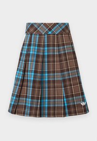 Καφέ καρό φούστα με μπλε και μπεζ αποχρώσεις. Διαθέτει πιέτες και κεντημένο λογότυπο κοντά στο τελείωμα. Κατασκευασμένη από υφασμάτινη υφή.