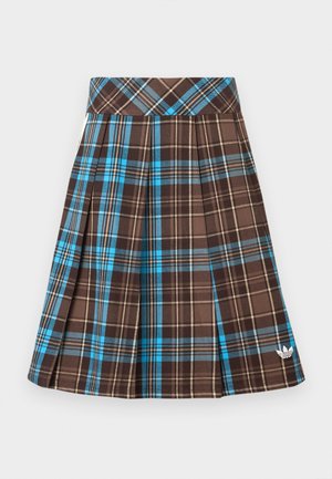 Καφέ καρό φούστα με μπλε και μπεζ αποχρώσεις. Διαθέτει πιέτες και κεντημένο λογότυπο κοντά στο τελείωμα. Κατασκευασμένη από υφασμάτινη υφή.