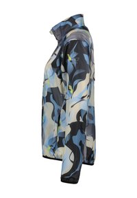 Chaqueta ligera con cierre de cremallera que presenta un patrón abstracto multicolor en azul, negro y verde; incluye un cuello alto y puños elásticos.