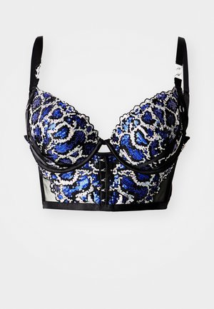 Paillettenbh in blauw en zilver met luipaardprint, zwarte band, beugel en verstelbare bandjes. Voorzien van haak-en-oogsluiting aan de voorkant.