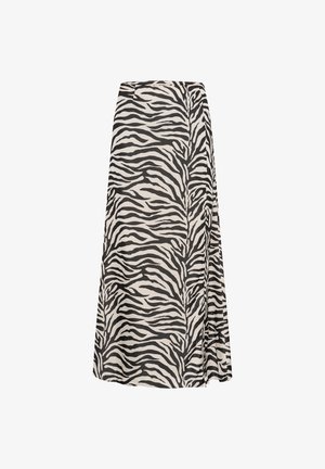 Spódnica do kolan w wzór zebry w czarno-kremowym kolorze, z zapięciem na zakładkę i bocznym rozcięciem dla dodatkowego detalu.