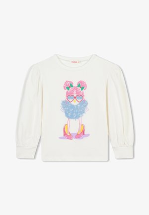Weißes langärmeliges Hemd mit einem bunten Cartoon-Küken, das herzförmige Sonnenbrillen, rosa Schleifen, blaue flauschige Federn und pinke High Heels trägt.