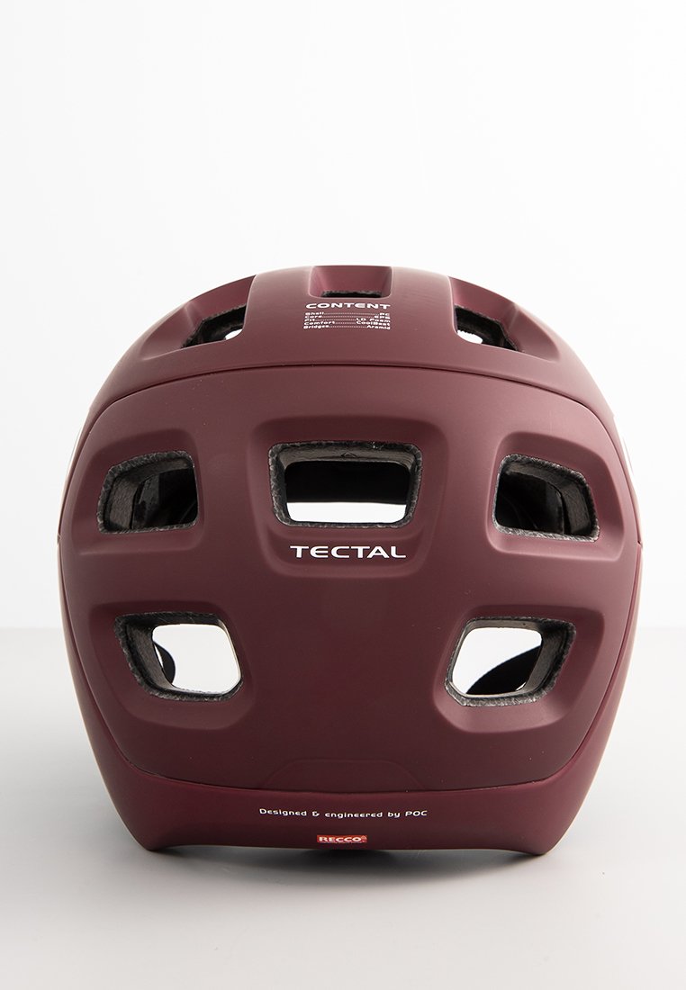 Burgunderfarbenen Fahrradhelm mit mehreren Belüftungsöffnungen, Markenlogo "TECTAL" und Sicherheitsmarkierungen auf der Rückseite. Mattes Oberflächenfinish.