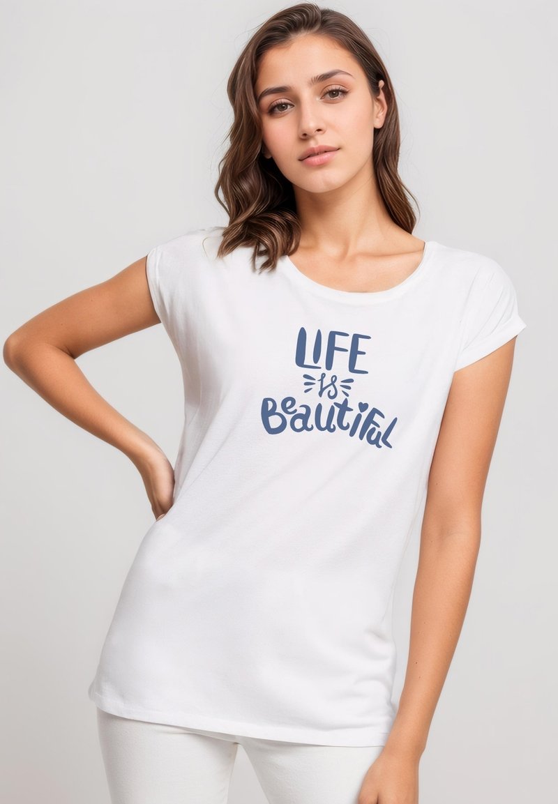 Weißes T-Shirt mit kurzen Ärmeln, das den Text "LIFE is Beautiful" in Dunkelblau zeigt, aus weichem Baumwollmaterial gefertigt und mit einer lockeren Passform.